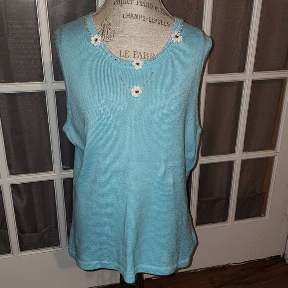 Storybook Knits Womens Blue Hanging‎ Daisy Embellished Sweater Tank 2X - Picture 1 of 5